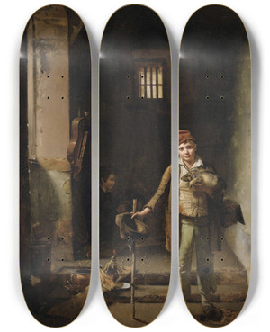 Triptych art skateboard deck of Jeanclaude Bonnefond La Chambre Coucher Des Petits Savoyards Ou Les Petits Montreurs De Marmotte by Jean-Claude Bonnefond (1796-1860)