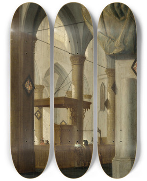 Triptych art skateboard deck of Danil De Blieck Interior Of The Grote Kerk Dordrecht by Daniel De Blieck (1610-1673)