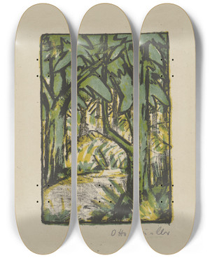 Triptych art skateboard deck of Otto Mueller Waldlandschaft by Otto Mueller (1874-1930)