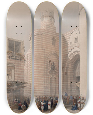 Triptych art skateboard deck of David Roberts Gate Of The Metwaleys Bab Zuwayla Cairo by David Roberts (1796-1864)