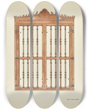 Triptych art skateboard deck of Harry Mann Waddell Grille Doors Of Wood by Harry Mann Waddell (1876-1956)
