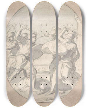 Triptych art skateboard deck of Charles Le Brun The Relief Of Candia by Charles Le Brun (1619-1690)