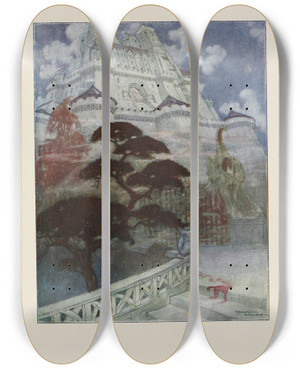Triptych art skateboard deck of Maurice Lalau The Castle Rose Silent Impressing And Forbidding by Maurice Lalau