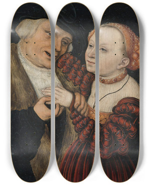 Triptych art skateboard deck of Lucas Cranach The Younger The Illmatched Lovers by Lucas Cranach the Younger (1515-1586)