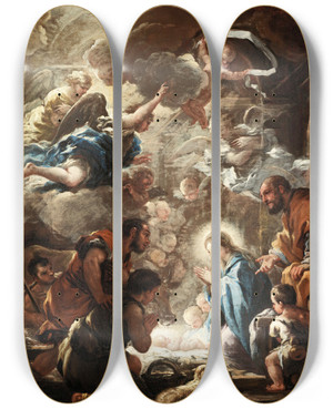 Triptych art skateboard deck of Luca Giordano Adoration Of The Shepherds by Luca Giordano (1634-1705)