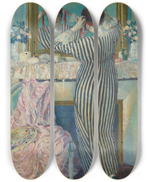 Triptych art skateboard deck of Frederick Carl Frieseke Girl Dressing Her Hair Girl Arranging Her Headdress by Frederick Carl Frieseke (1874-1939)