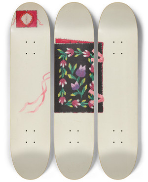 Triptych art skateboard deck of Ruth M Barnes Needle Book by Ruth M Barnes