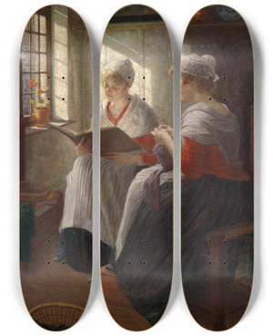 Triptych art skateboard deck of Walther Firle Zwei Mdchen Am Fenster by Walther Firle (1859-1929)
