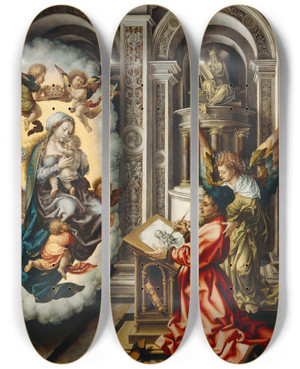 Triptych art skateboard deck of Jan Gossaert St Luke Painting The Madonna by Jan Gossaert (1478-1532) Triptych art skateboard deck of Jan Gossaert St Luke Painting The Madonna by Jan Gossaert (1478-1532)
