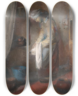 Triptych art skateboard deck of Kaarel Liimand In The Kitchen by Kaarel Liimand (1906-1941)