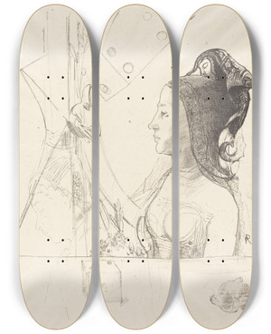 Triptych art skateboard deck of Odilon Redon Femme De Profil Profile Of A Woman by Odilon Redon (1840-1916)