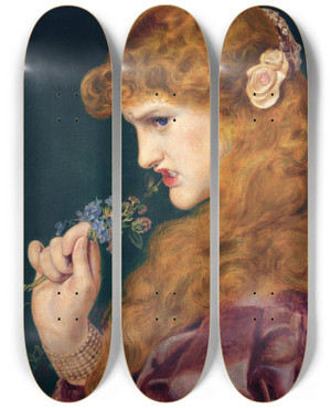 Triptych art skateboard deck of Frederick Sandys Loves Shadow by Frederick Sandys (1829-1904)