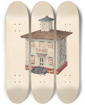 Triptych art skateboard deck of Samuel O Klein Penny Bank by Samuel O Klein