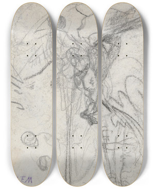 Triptych art skateboard deck of Jeanfranois Millet Hilly Landscape Laundress And Otherstudies by Jean-Franois Millet (1814-1875)