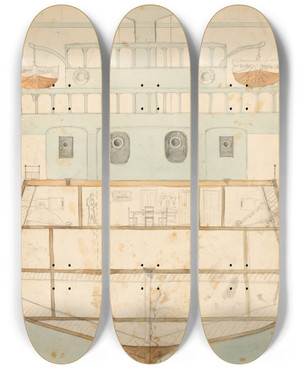Triptych art skateboard deck of Egon Schiele Entwurf Zu Einem Kriegsschiffspielzeug by Egon Schiele (1890-1918)
