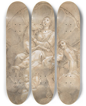 Triptych art skateboard deck of Marcantonio Franceschini Allegorical Figure Of Purity With A Unicorn by Marcantonio Franceschini (1648-1729)