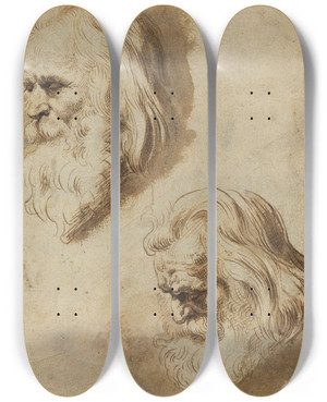 Triptych art skateboard deck of Paulus Pontius Two Studies Of An Elderly Mans Head by Paulus Pontius (1603-1658)