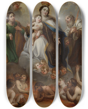 Triptych art skateboard deck of Juan Francisco De Aguilera The Virgin Of Carmen And The Souls Of Purgatory With St Joseph And The Prophet Elijah by Juan Francisco De Aguilera (18-)