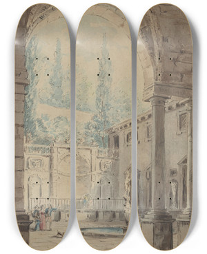 Triptych art skateboard deck of Follower Of Hubert Robert Courtyard Of The Villa Pliniana by Follower Of Hubert Robert (1733-1808)