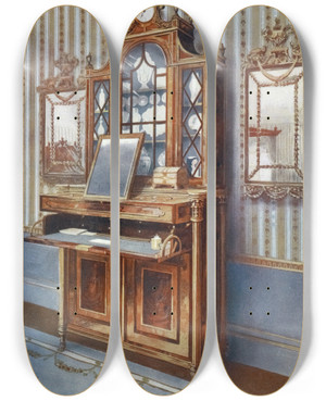 Triptych art skateboard deck of Edwin Foley Satinwood And Mahogany Inlaid Dressing Cabinet by Edwin Foley (1859-1912)