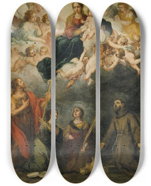 Triptych art skateboard deck of Bartolom Estebn Murillo The Virgin And Child With Saints by Bartolome Esteban Murillo (1617-1682)