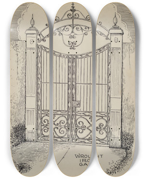 Triptych art skateboard deck of Al Curry Wrought And Cast Iron Gates by Al Curry (20-)