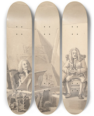 Triptych art skateboard deck of John Thomas Smith Hogarth Making Up A Portrait Of H Fielding For A Bookseller by John Thomas Smith (1766-1833)