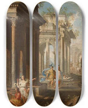 Triptych art skateboard deck of Alberto Carlieri Classical Buildings With Columns I by Alberto Carlieri (1672-1720)