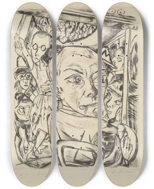 Triptych art skateboard deck of Max Beckmann Knigin Bar Selfportrait by Max Beckmann (1884-1950)