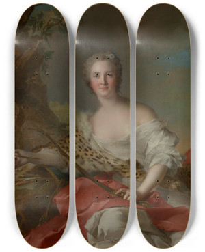 Triptych art skateboard deck of Jeanmarc Nattier Portrait Of Constancegabriellemagdeleine Bonnier De La Mosson As Diana by Jean Marc Nattier (1685-1766)