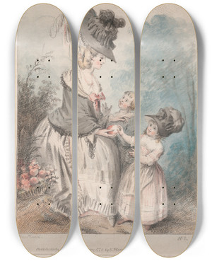 Triptych art skateboard deck of Elias Martin Lady With A Boy And Girl In Garden by Elias Martin (1739-1818)