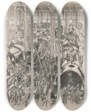 Triptych art skateboard deck of Joseph Pennell Building Engines For The Allies by Joseph Pennell (1857-1926)