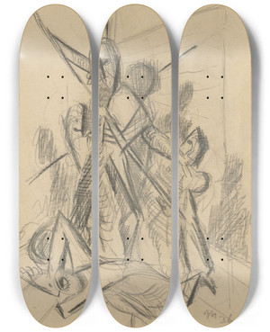 Triptych art skateboard deck of Cyprin Majernk Death Study For The Painting Bartholomews Night by Cyprian Majernik (1909-1945)