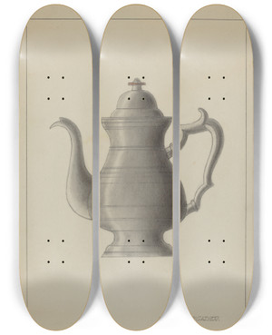 Triptych art skateboard deck of Robert Brigadier Pewter Coffee Pot by Robert Brigadier