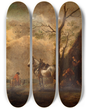 Triptych art skateboard deck of Philips Wouwerman The Resting Place by Philips Wouwerman (1619-1668)