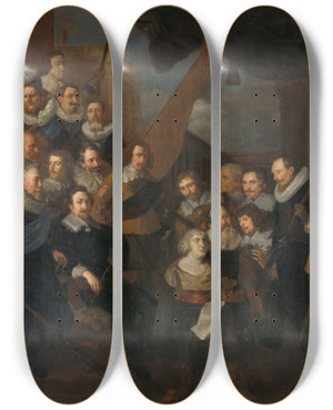 Triptych art skateboard deck of Joachim Von Sandrart Officers And Other Civic Guardsmen Of The Xix District Of Amsterdam Waiting To Welcome Marie De Mdicis 1 September 1638 by Joachim Von Sandrart (1609-1688)