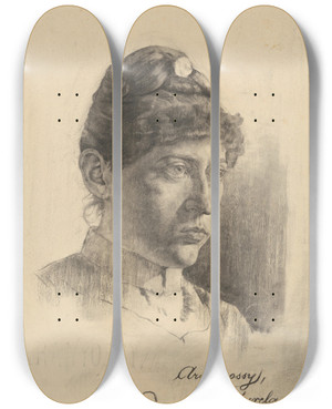 Triptych art skateboard deck of Kos Aranyossy Podobize Eny S Vyesanmi Vlasmi by kos Aranyossy