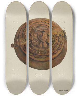 Triptych art skateboard deck of Harry Mann Waddell Baptismal Font_1 by Harry Mann Waddell (1876-1956)