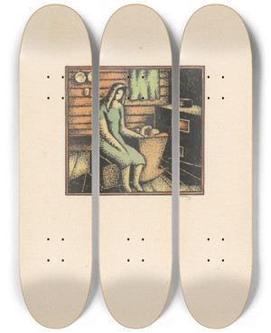 Triptych art skateboard deck of Mikul Galanda Woman Beside Babys Cradle by Mikulas Galanda (1895-1938)
