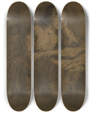 Triptych art skateboard deck of Johannes Eissenhardt Thekla Eissenhardt Die Schwester Angilbert Gbels Und Frau Des Kupferstechers Johannes Kaspar Eissenhardt Am Tische Lesend by Johannes Eissenhardt