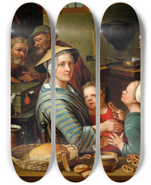 Triptych art skateboard deck of Johann Gerlach Lambert A Kitchen Interior With Figures by Johann Gerlach Lambert (1740-1804)