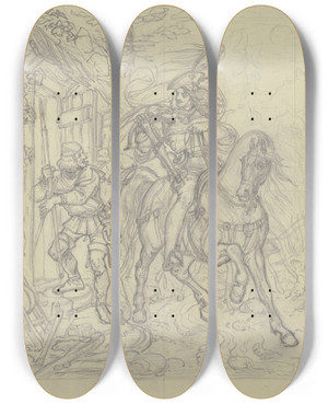 Triptych art skateboard deck of Ferdinand Fellner Ungedeutete Szene Ein Ritter Mit Armbrust An Einer Htte Haltend Ein Knappe Betritt Diese_1 by Ferdinand Fellner (1799-1859)