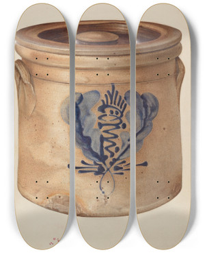 Triptych art skateboard deck of Isadore Goldberg Crock With Cover by Isadore Goldberg