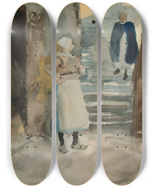 Triptych art skateboard deck of Edwin Austin Abbey Street Scene With Two Fishwives by Edwin Austin Abbey (1852-1911)