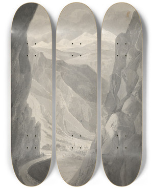 Triptych art skateboard deck of Isaac Weld Pass Of The Gemmi Descending To Leukas Bad Switzerland by Isaac Weld (1774-1856)