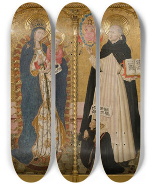 Triptych art skateboard deck of Pedro Garca De Benavarre Apocalyptic Virgin And Saint Vincent Ferrer With Two Donors by Pedro Garcia De Benavarre (1445-1485)