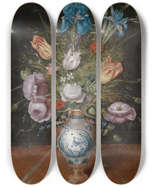 Triptych art skateboard deck of Peter Binoit A Bouquet Of Flowers With Tulips by Peter Binoit (1590-1632)