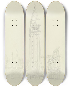 Triptych art skateboard deck of Friedrich Wilhelm Ludwig Der Markusturm In Venedig by Friedrich Wilhelm Ludwig (1828)