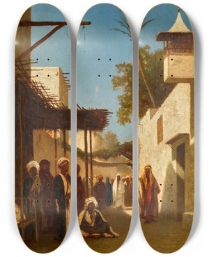 Triptych art skateboard deck of Charles Thodore Frre A Street In Damascus by Charles Theodore Frere (1814-1888)