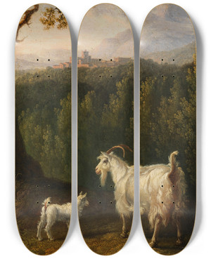 Triptych art skateboard deck of Jakob Philipp Hackert Ziege Am Bachlauf by Jakob Philipp Hackert (1737-1807)